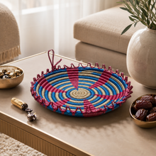 Traditional Tebbag Candy Holder, Large 11-Inch Round Woven Serving Basket, Blue Rose and Natural