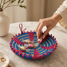 Traditional Tebbag Candy Holder, Large 11-Inch Round Woven Serving Basket, Blue Rose and Natural