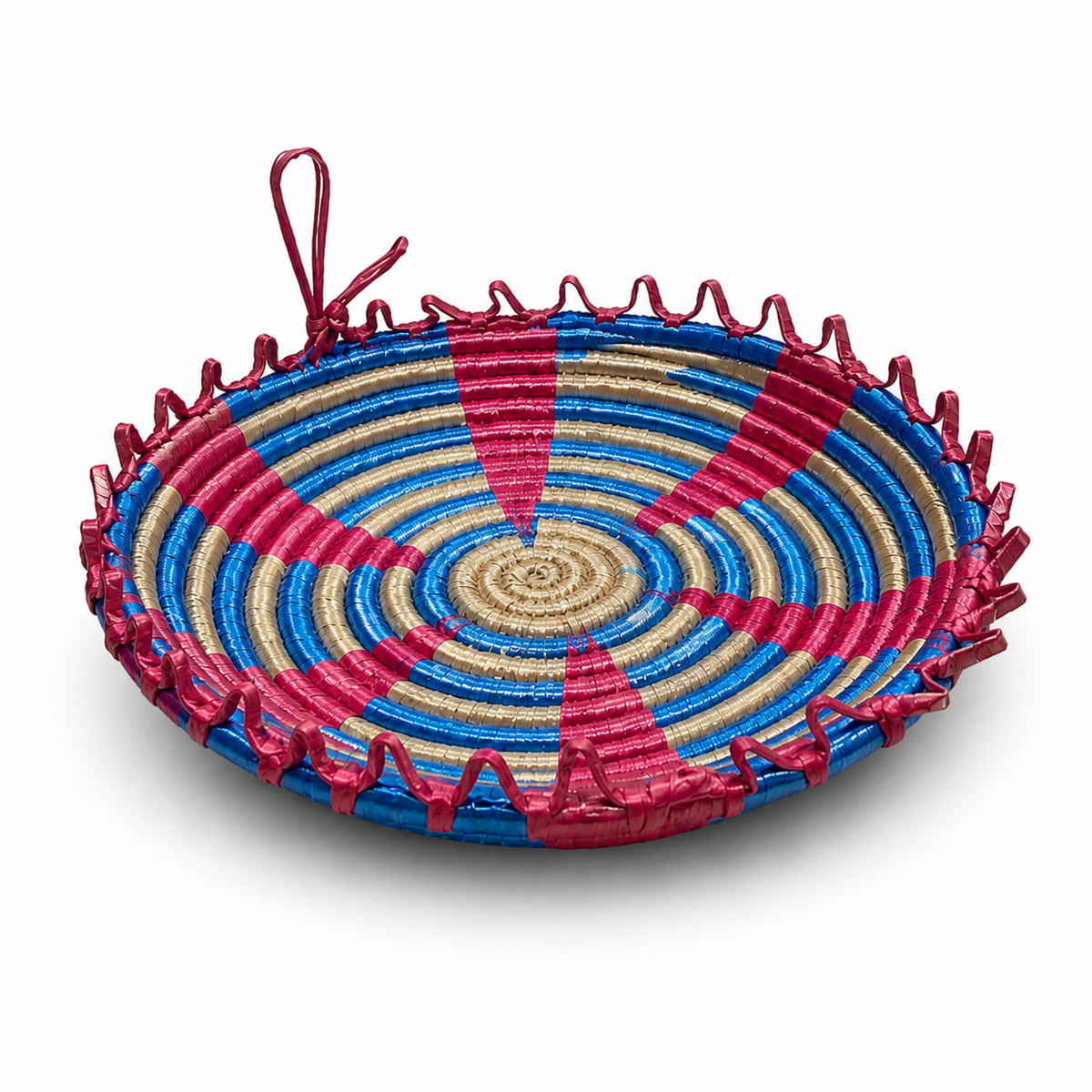 Traditional Tebbag Candy Holder, Large 11-Inch Round Woven Serving Basket, Blue Rose and Natural