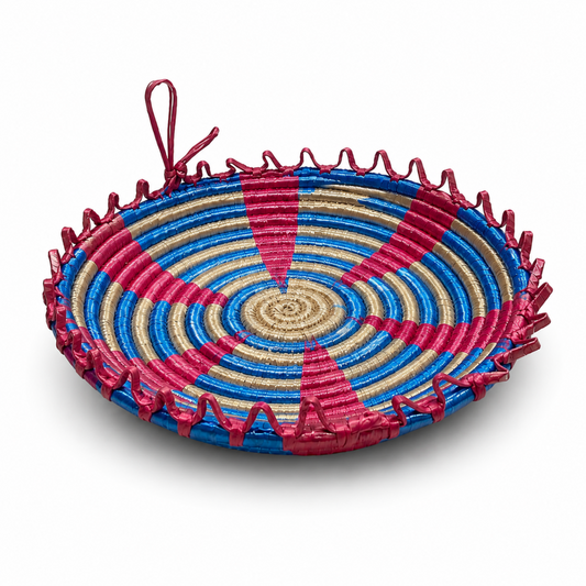 Traditional Tebbag Candy Holder, Large 11-Inch Round Woven Serving Basket, Blue Rose and Natural