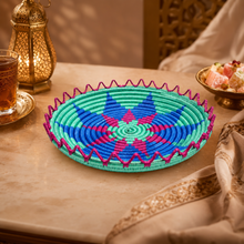 Traditional Tebbag Candy Holder, Medium 9 Inch, Round Woven Serving Basket, Blue Pink and Mint