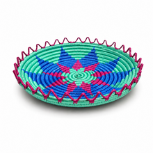 Traditional Tebbag Candy Holder, Medium 9 Inch, Round Woven Serving Basket, Blue Pink and Mint