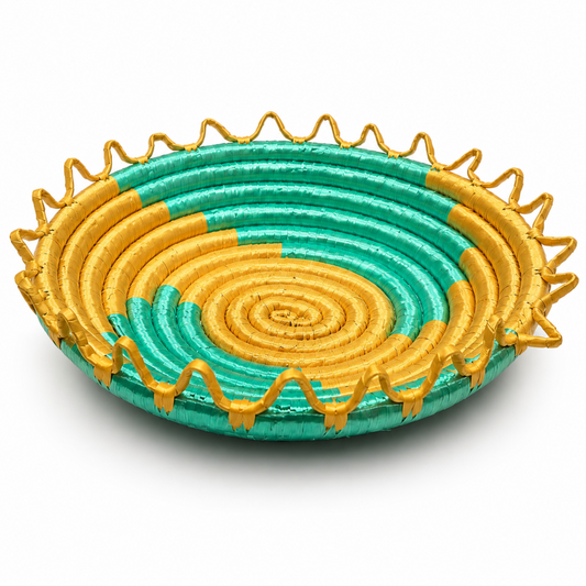Traditional Tebbag Candy Holder, Small Round Woven Serving Basket, Mint and Gold