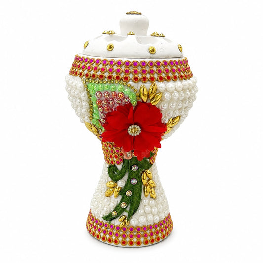 Extra Large White & Gold Traditional Incense Burner with Red Flower Accent – Decorative Mabkhara Style – 9 Inch