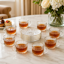 150 mL Embossed Glass Coffee Mug and Gold-Rim Saucer Set, 12-Piece