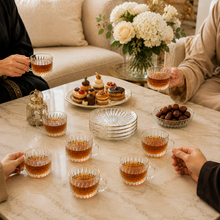 150 mL Embossed Glass Coffee Mug and Gold-Rim Saucer Set, 12-Piece