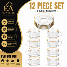 150 mL Embossed Glass Coffee Mug and Gold-Rim Saucer Set, 12-Piece
