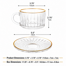 150 mL Embossed Glass Coffee Mug and Gold-Rim Saucer Set, 12-Piece