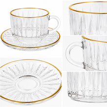 150 mL Embossed Glass Coffee Mug and Gold-Rim Saucer Set, 12-Piece