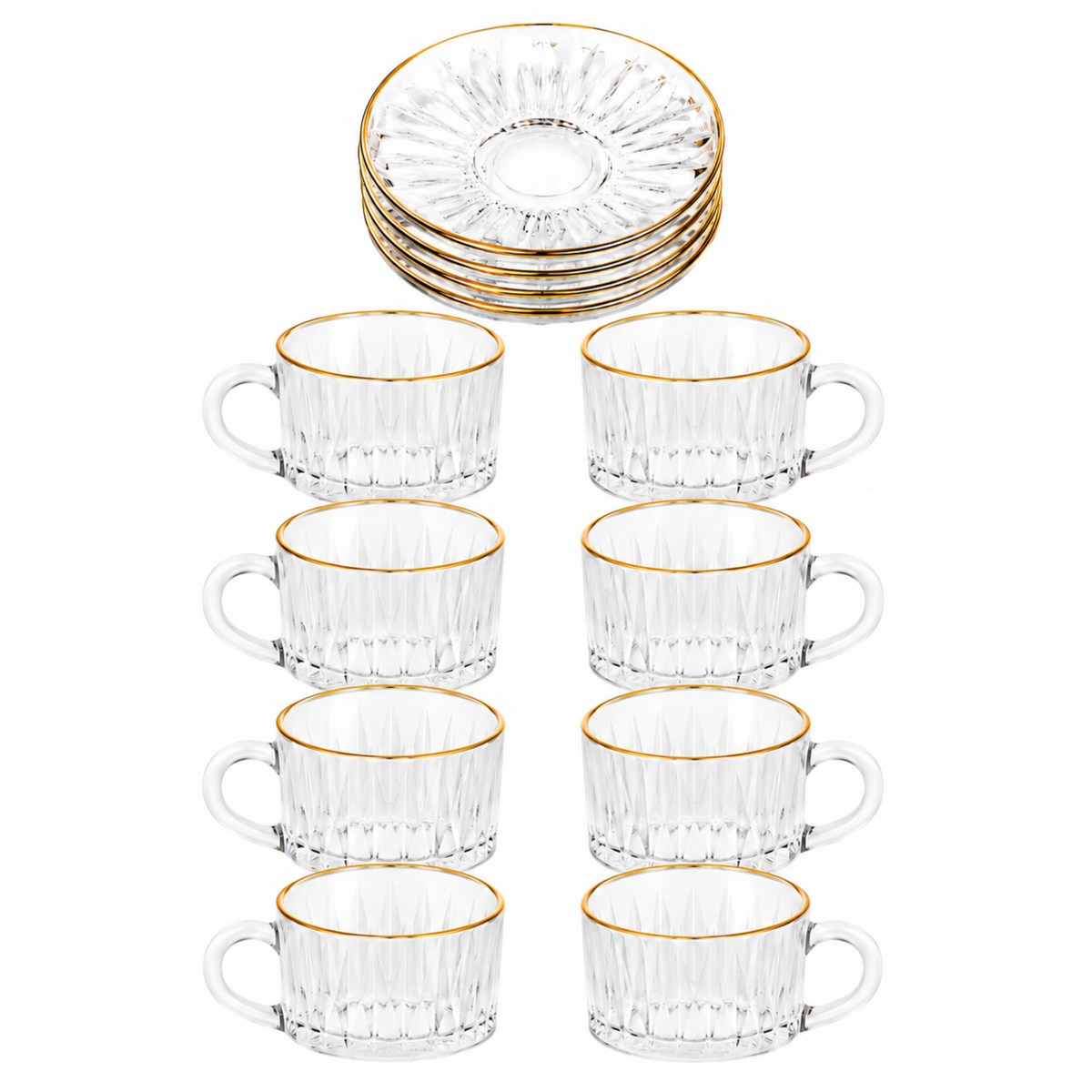 150 mL Embossed Glass Coffee Mug and Gold-Rim Saucer Set, 12-Piece