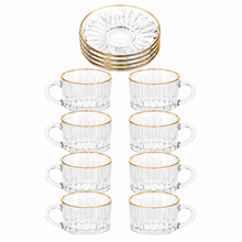 150 mL Embossed Glass Coffee Mug and Gold-Rim Saucer Set, 12-Piece