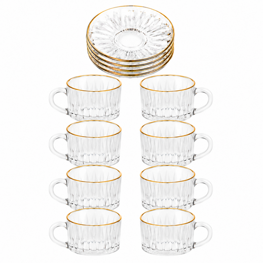 150 mL Embossed Glass Coffee Mug and Gold-Rim Saucer Set, 12-Piece