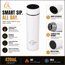 El Adham 420mL Premium Stainless Steel Vacuum Insulated Travel Bottle with Smart Temperature Display & Gift Box – White