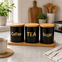 3-Piece Sugar, Coffee & Tea Canister Set with Bamboo Lids & Wooden Tray – Black Kitchen Storage Jars