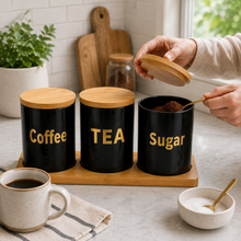3-Piece Sugar, Coffee & Tea Canister Set with Bamboo Lids & Wooden Tray – Black Kitchen Storage Jars