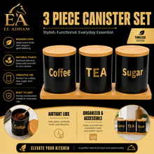 3-Piece Sugar, Coffee & Tea Canister Set with Bamboo Lids & Wooden Tray – Black Kitchen Storage Jars