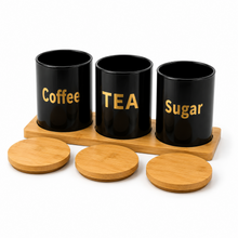 3-Piece Sugar, Coffee & Tea Canister Set with Bamboo Lids & Wooden Tray – Black Kitchen Storage Jars
