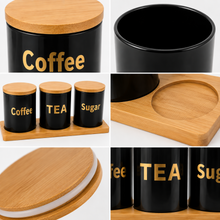 3-Piece Sugar, Coffee & Tea Canister Set with Bamboo Lids & Wooden Tray – Black Kitchen Storage Jars
