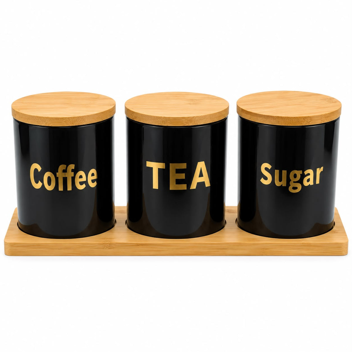 3-Piece Sugar, Coffee & Tea Canister Set with Bamboo Lids & Wooden Tray – Black Kitchen Storage Jars