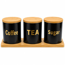 3-Piece Sugar, Coffee & Tea Canister Set with Bamboo Lids & Wooden Tray – Black Kitchen Storage Jars