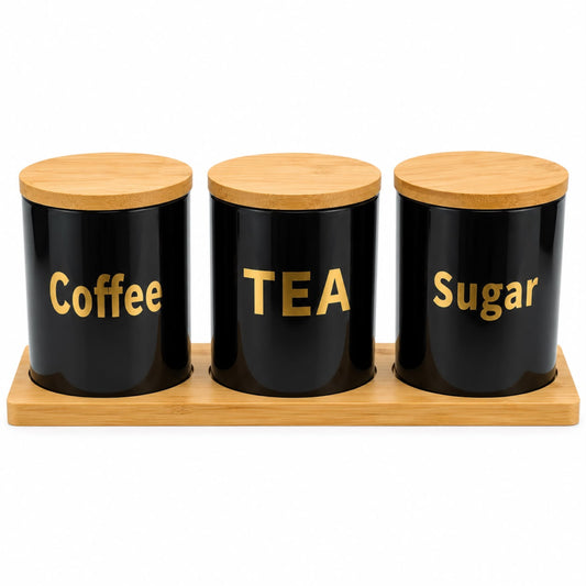 3-Piece Sugar, Coffee & Tea Canister Set with Bamboo Lids & Wooden Tray – Black Kitchen Storage Jars