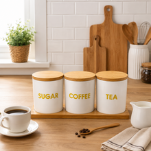 3-Piece Sugar, Coffee & Tea Canister Set with Bamboo Lids & Wooden Tray – White Kitchen Storage Jars