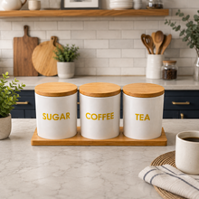 3-Piece Sugar, Coffee & Tea Canister Set with Bamboo Lids & Wooden Tray – White Kitchen Storage Jars