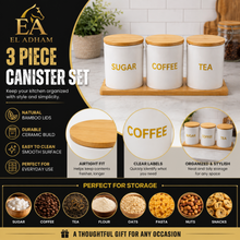 3-Piece Sugar, Coffee & Tea Canister Set with Bamboo Lids & Wooden Tray – White Kitchen Storage Jars