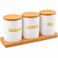 3-Piece Sugar, Coffee & Tea Canister Set with Bamboo Lids & Wooden Tray – White Kitchen Storage Jars