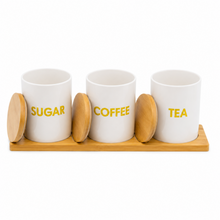 3-Piece Sugar, Coffee & Tea Canister Set with Bamboo Lids & Wooden Tray – White Kitchen Storage Jars