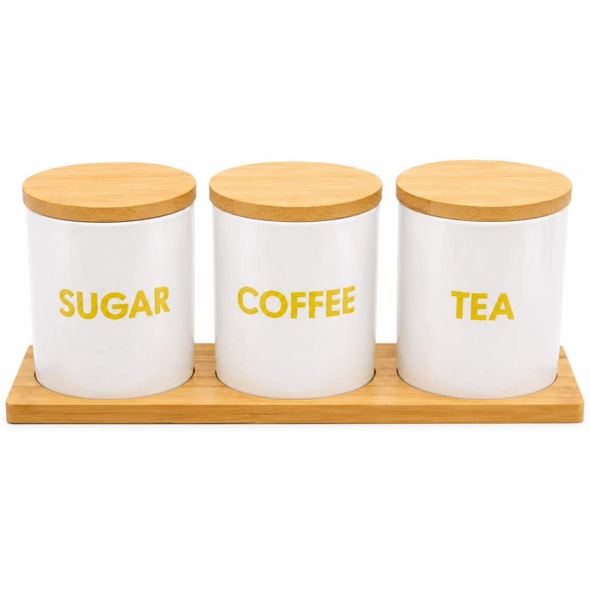 3-Piece Sugar, Coffee & Tea Canister Set with Bamboo Lids & Wooden Tray – White Kitchen Storage Jars