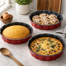 3-Piece Fluted Round Cake Pan Set, Red & Black