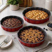 3-Piece Fluted Round Cake Pan Set, Red & Black