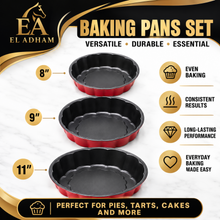 3-Piece Fluted Round Cake Pan Set, Red & Black