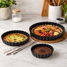 3-Piece Fluted Tart & Quiche Pan Set – Round Scalloped Baking Pans, 9.5", 11" & 12.5"