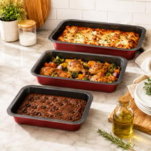 3-Piece Rectangular Deep Baking Pan Set – Red & Black