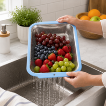 Rectangular Stainless Steel Kitchen Strainer with Fine Mesh and Blue Handles, 17 x 13 x 2.75 Inches