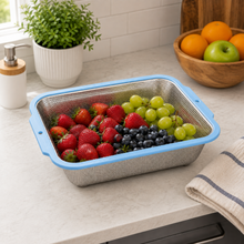 Rectangular Stainless Steel Kitchen Strainer with Fine Mesh and Blue Handles, 17 x 13 x 2.75 Inches