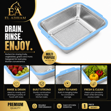 Rectangular Stainless Steel Kitchen Strainer with Fine Mesh and Blue Handles, 17 x 13 x 2.75 Inches