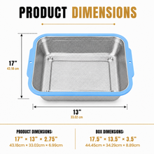 Rectangular Stainless Steel Kitchen Strainer with Fine Mesh and Blue Handles, 17 x 13 x 2.75 Inches