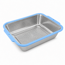 Rectangular Stainless Steel Kitchen Strainer with Fine Mesh and Blue Handles, 17 x 13 x 2.75 Inches