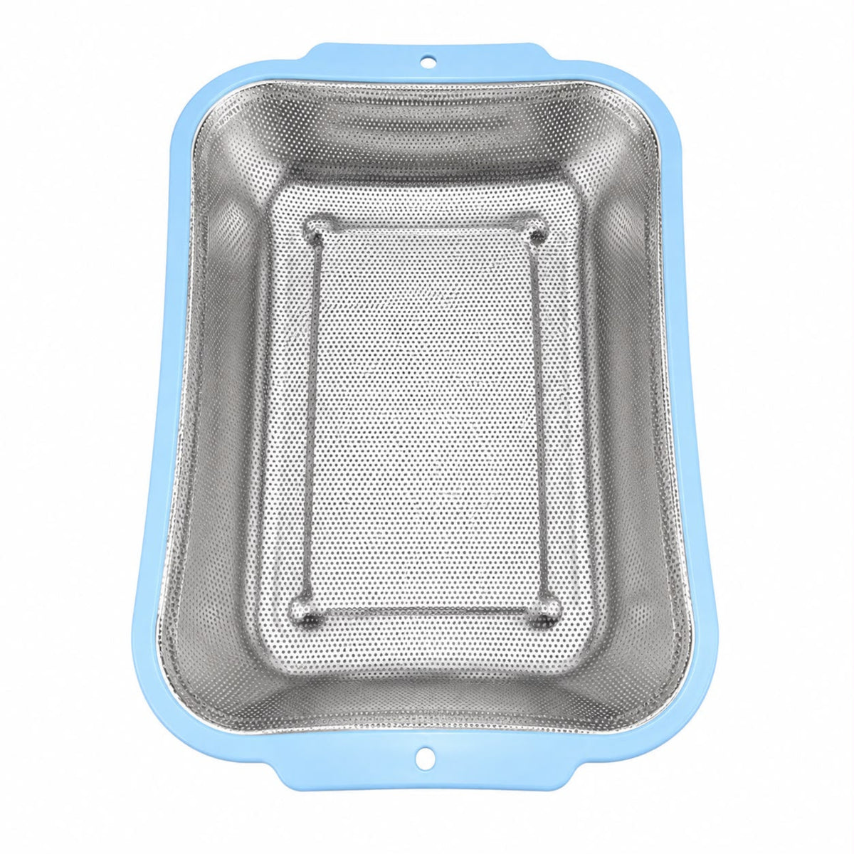 Rectangular Stainless Steel Kitchen Strainer with Fine Mesh and Blue Handles, 17 x 13 x 2.75 Inches
