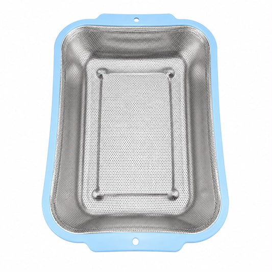 Rectangular Stainless Steel Kitchen Strainer with Fine Mesh and Blue Handles, 17 x 13 x 2.75 Inches