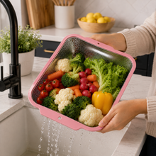 XL Rectangular Stainless Steel Kitchen Strainer with Pink Rim & Side Grips – Fine Perforated Colander
