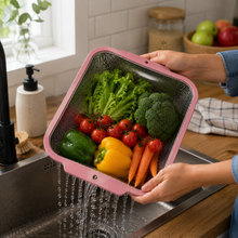 XL Rectangular Stainless Steel Kitchen Strainer with Pink Rim & Side Grips – Fine Perforated Colander