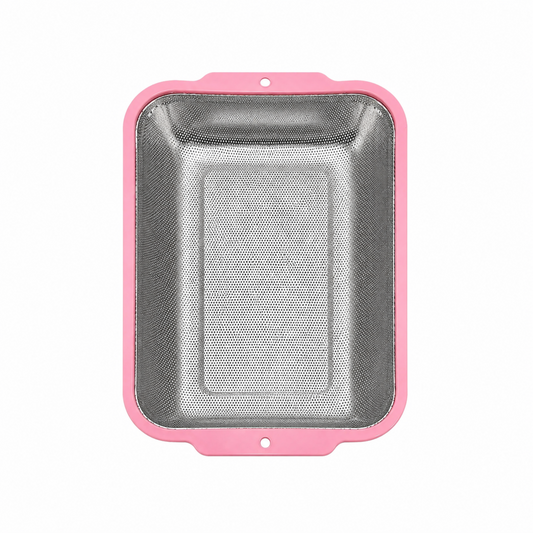 XL Rectangular Stainless Steel Kitchen Strainer with Pink Rim & Side Grips – Fine Perforated Colander