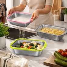 3-Piece Stainless Steel Rectangular Mesh Strainer Set with Color-Coated Handles – Medium Nesting Kitchen Colanders