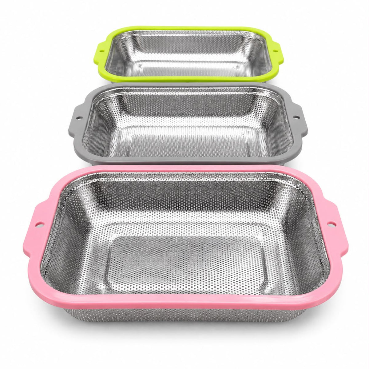 3-Piece Stainless Steel Rectangular Mesh Strainer Set with Color-Coated Handles – Medium Nesting Kitchen Colanders