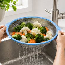 XL Stainless Steel Oval Mesh Strainer with Blue Handles – Kitchen Colander for Washing, Draining & Rinsing Fruits and Vegetables