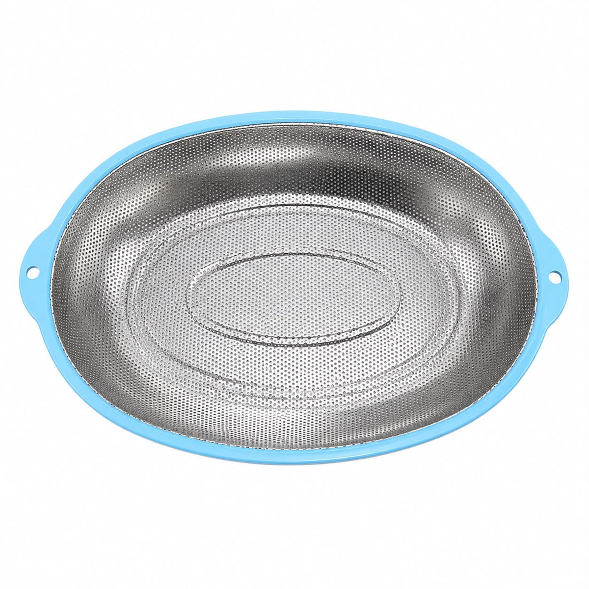 XL Stainless Steel Oval Mesh Strainer with Blue Handles – Kitchen Colander for Washing, Draining & Rinsing Fruits and Vegetables